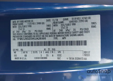 2019 Ford Escape Se from USA, damaged, VIN 1FMCU9GD3KUA29305